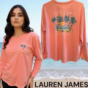 Lauren James NWOT Aloha Darling Long sleeve tshirt Peach Palm Tee Large